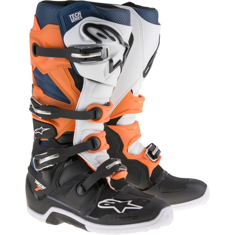 ALPINESTARS TECH 7 BOOTS BLACK/ORANGE/WHITE/BLUE SZ 14 2012014-1427-14